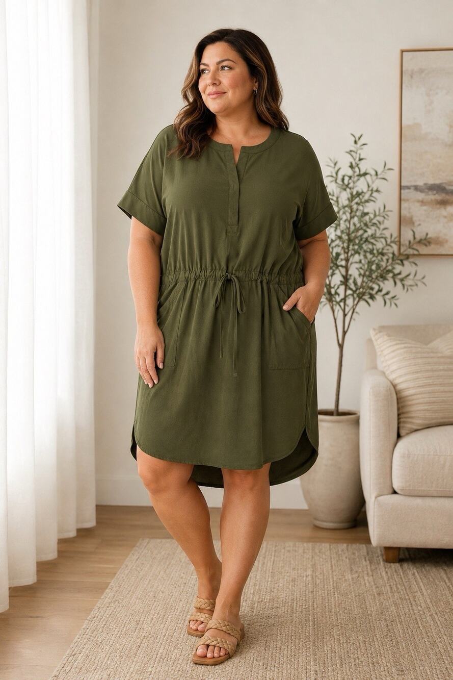 Talbots Utility Dress 2X Olive Green Lightweight Stretch Half Snap UPF 50